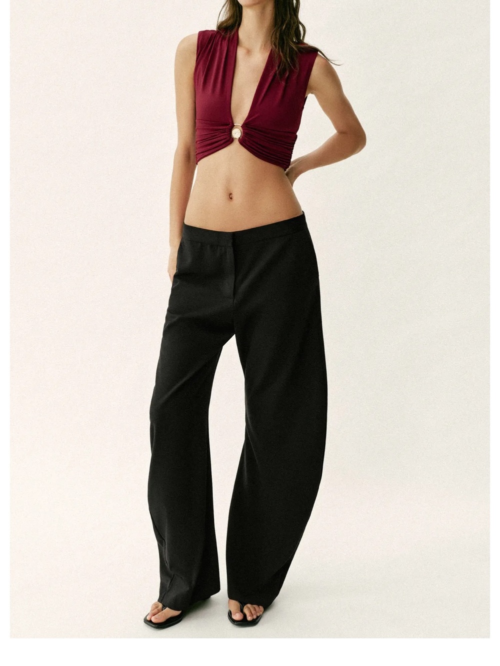 Zara Burgundy Sleeveless Deep V Crop Top with Gold Ring - Picture 5 of 5
